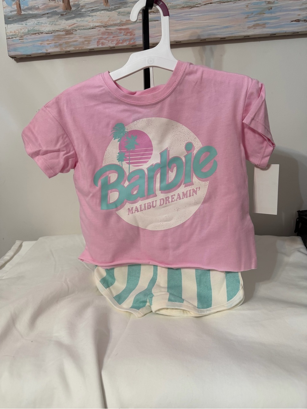 Barbie Pink Kids Matching Set pink and green white shorts